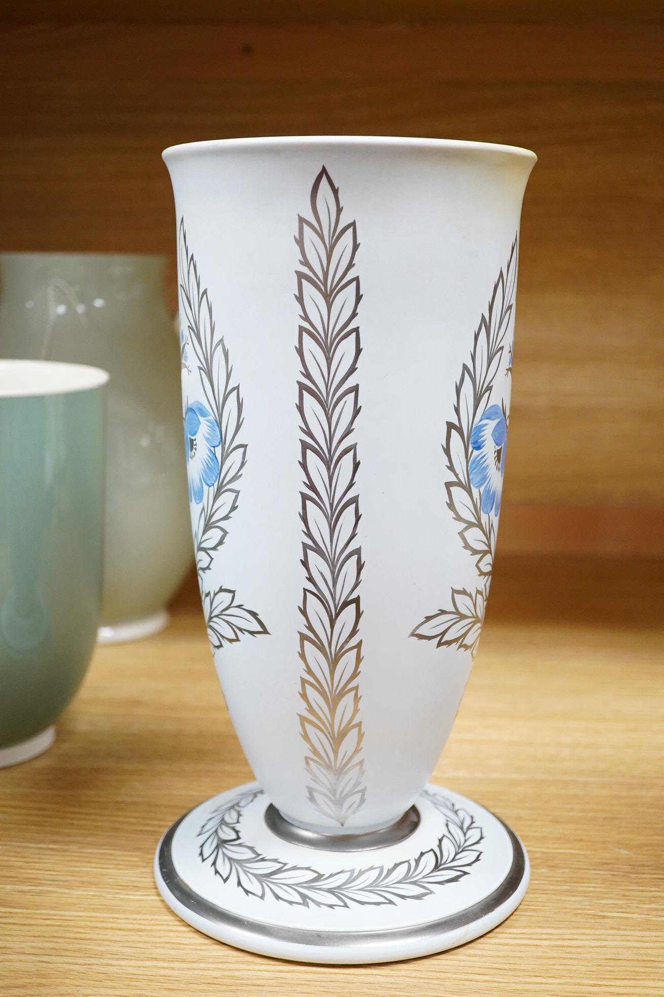 Keith Murray for Wedgwood, a floral vase decorated by Millicent Taplin, stamped to the base, 30cm high